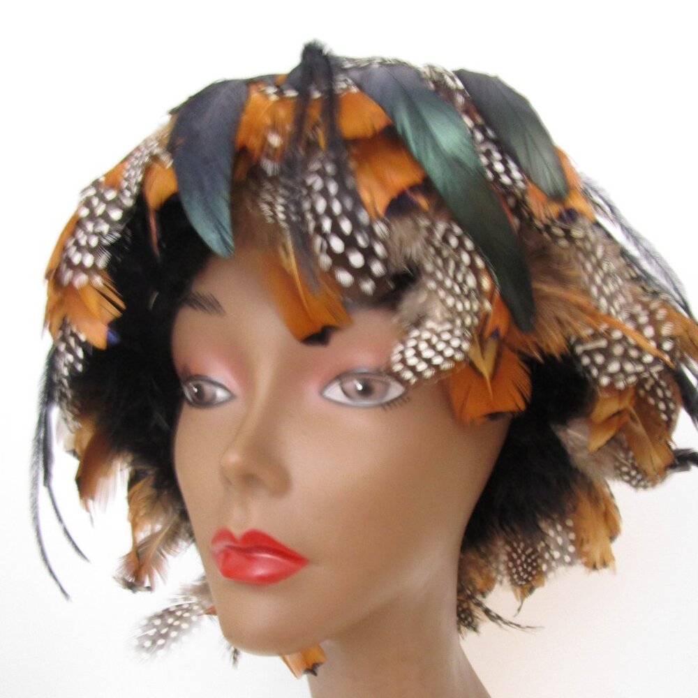 Exploding Feathers Cloche Wig Hat Multi Brown Bla… - image 1